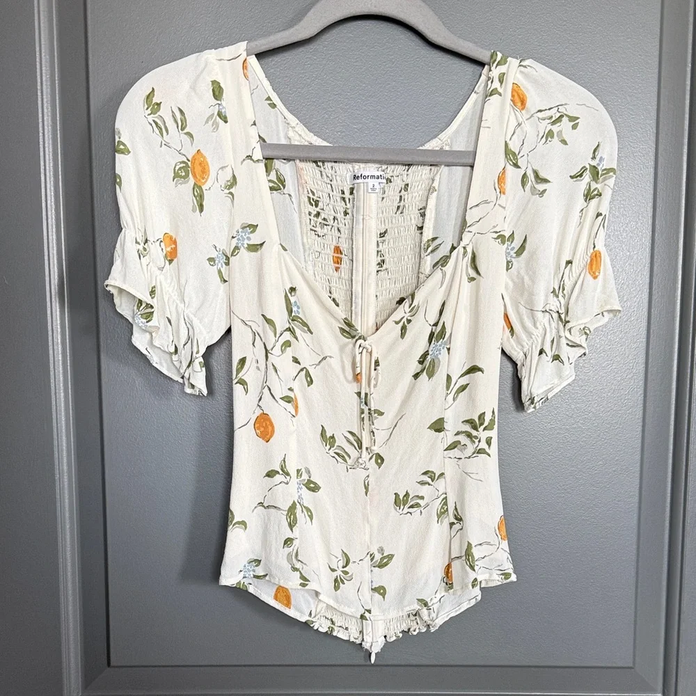 Reformation Cream Floral Tie-Front Puff Sleeve Top